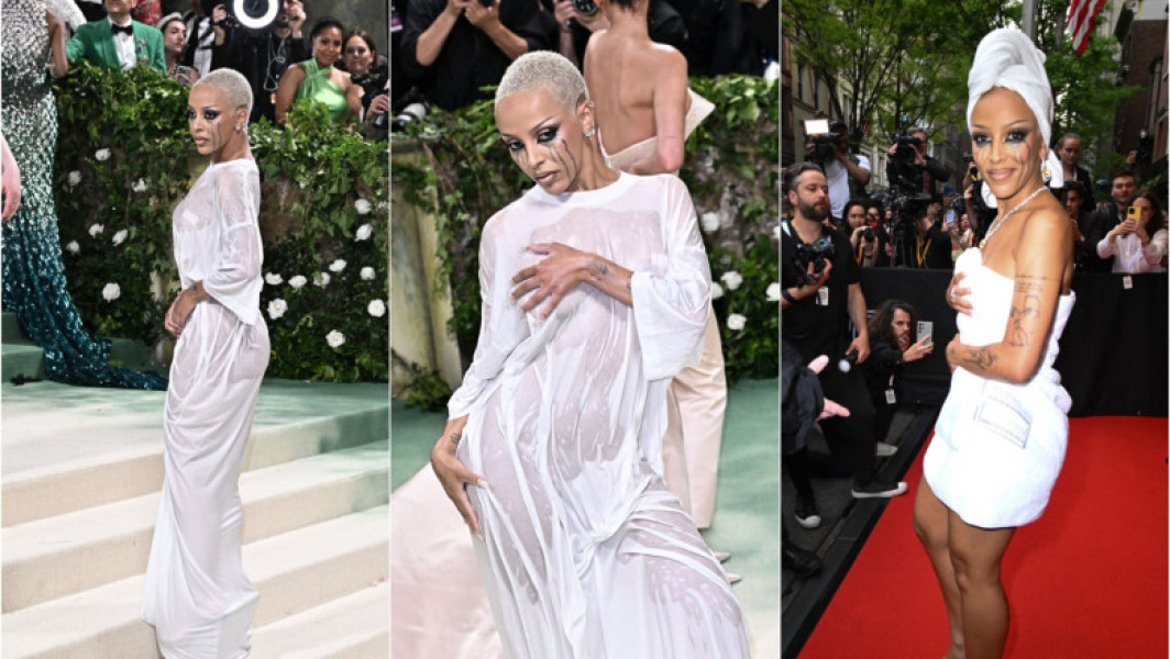 Rapperița Doja Cat, apariție șocantă la Met Gala: A purtat un tricou ud și machiajul prăpădit, într-un stil nonconformist.