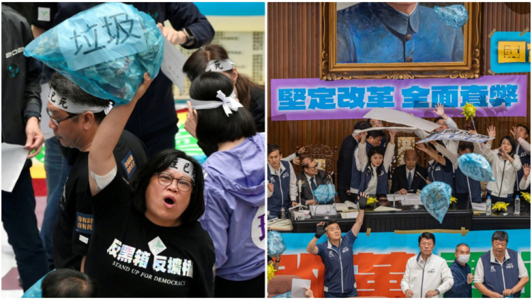 Protest uriaș în Taiwan în timpul votului pe reforma pro-China. În Parlament, deputații aruncau cu saci de gunoi și devastau sala